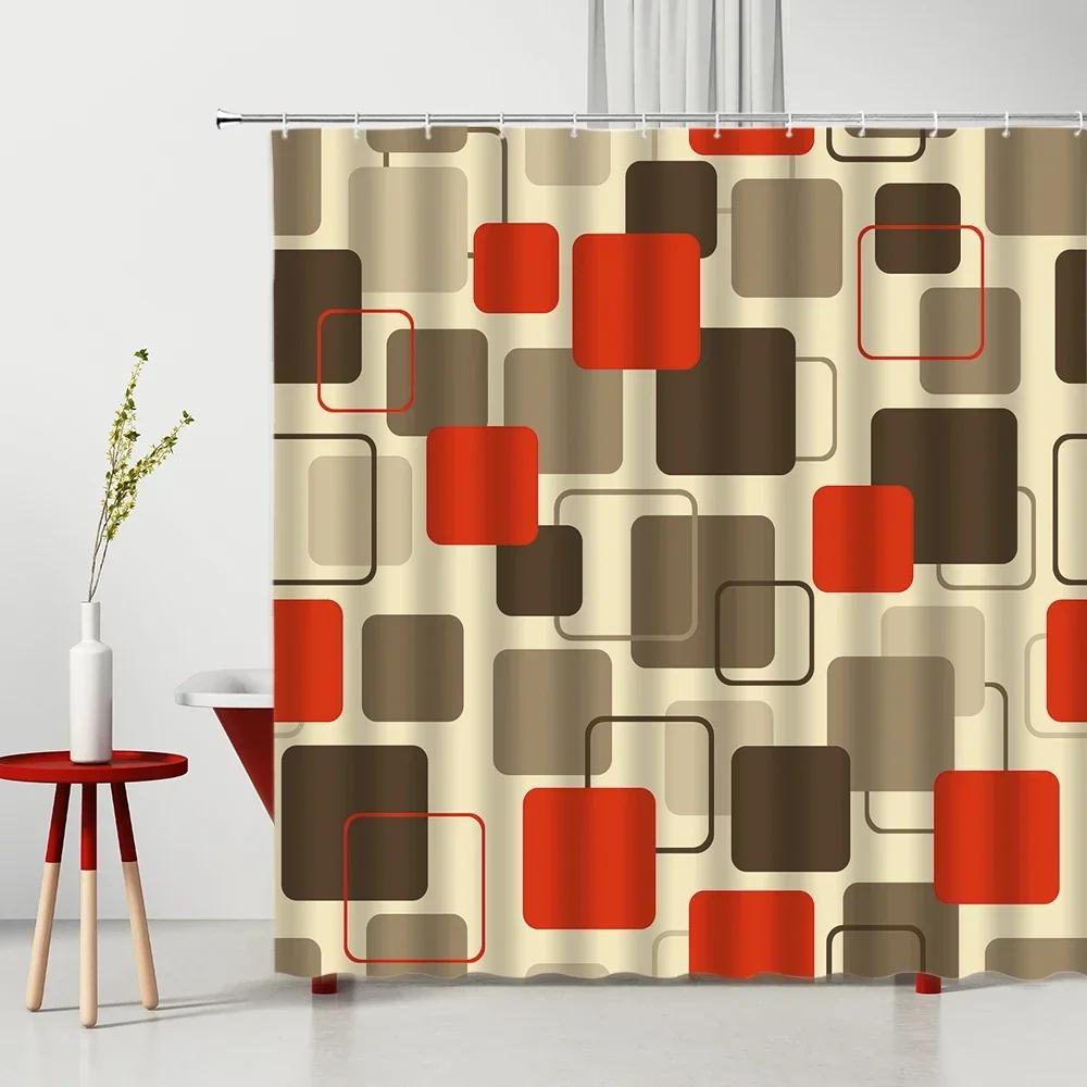 Modern 3D Geometry Shower Curtains Set Red Orange Grey Yellow Lattice Fabric Bathroom Accessories Black and Gray Bath Curtains