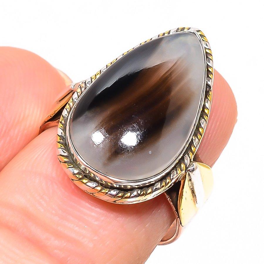 Natürlicher Botswana Achat Edelstein Zweifarbig 925 Massiv Silber Geschenkring S.7.5 W4S33