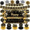 Happy Work Anniversary Decorations Black Gold Happy Workiversary Banner Honeycomb Centerpieces Hanging Swirls Tissue Paper Pompoms Sash Set for