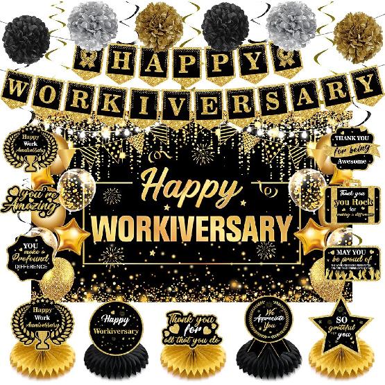Happy Work Anniversary Decorations Black Gold Happy Workiversary Banner Honeycomb Centerpieces Hanging Swirls Tissue Paper Pompoms Sash Set for