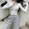 Korean Style O-neck Short Knitted Sweaters Women Thin Cardigan Fashion Open Front Button Up Long Sleeve Crop Top T Shirt Women