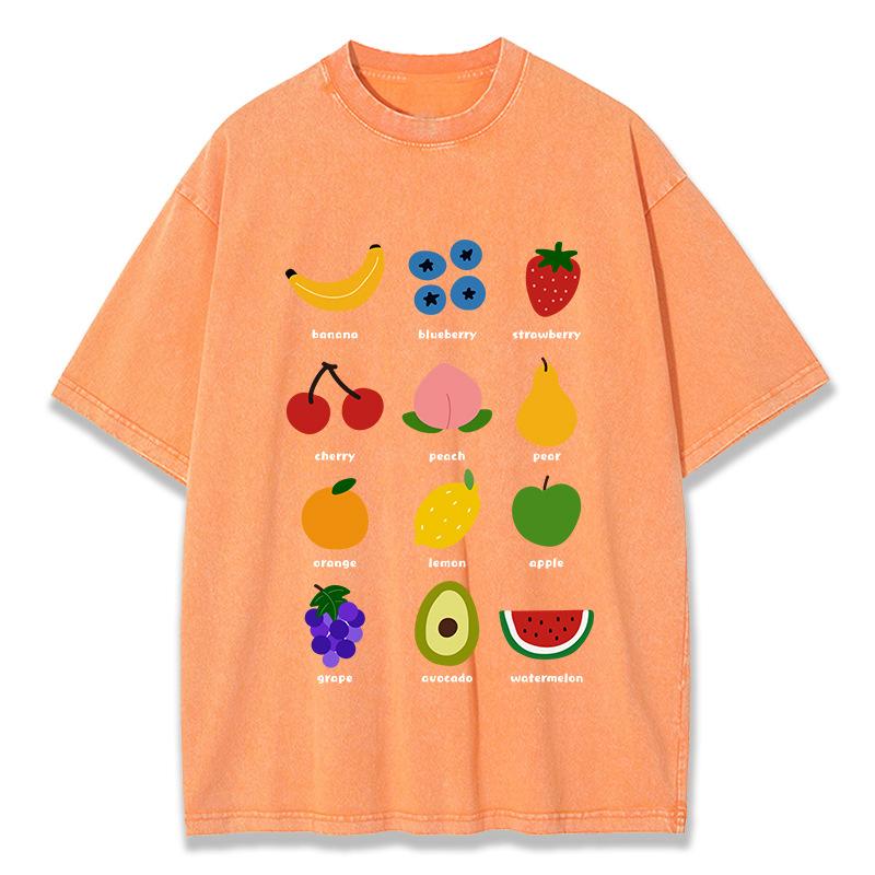 Fruits Lemon Cherry Prints Washed T Shirts Women Cotto
