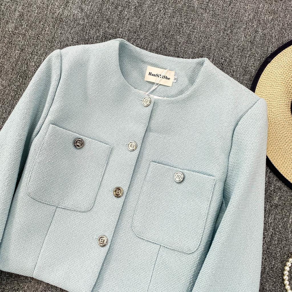 Autumn Winter Women Elegant Little Fragrant Wind Full Sleeve Single Breasted Tweed Short Jacket Coat with Pocket