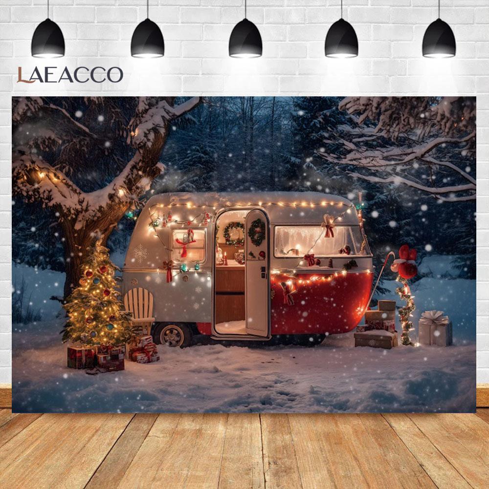 Laeacco Christmas Camper Pography Backdrop Winter Snowy Pine Trees Mini Bus Baby Birthday Family Holiday Portrait Background