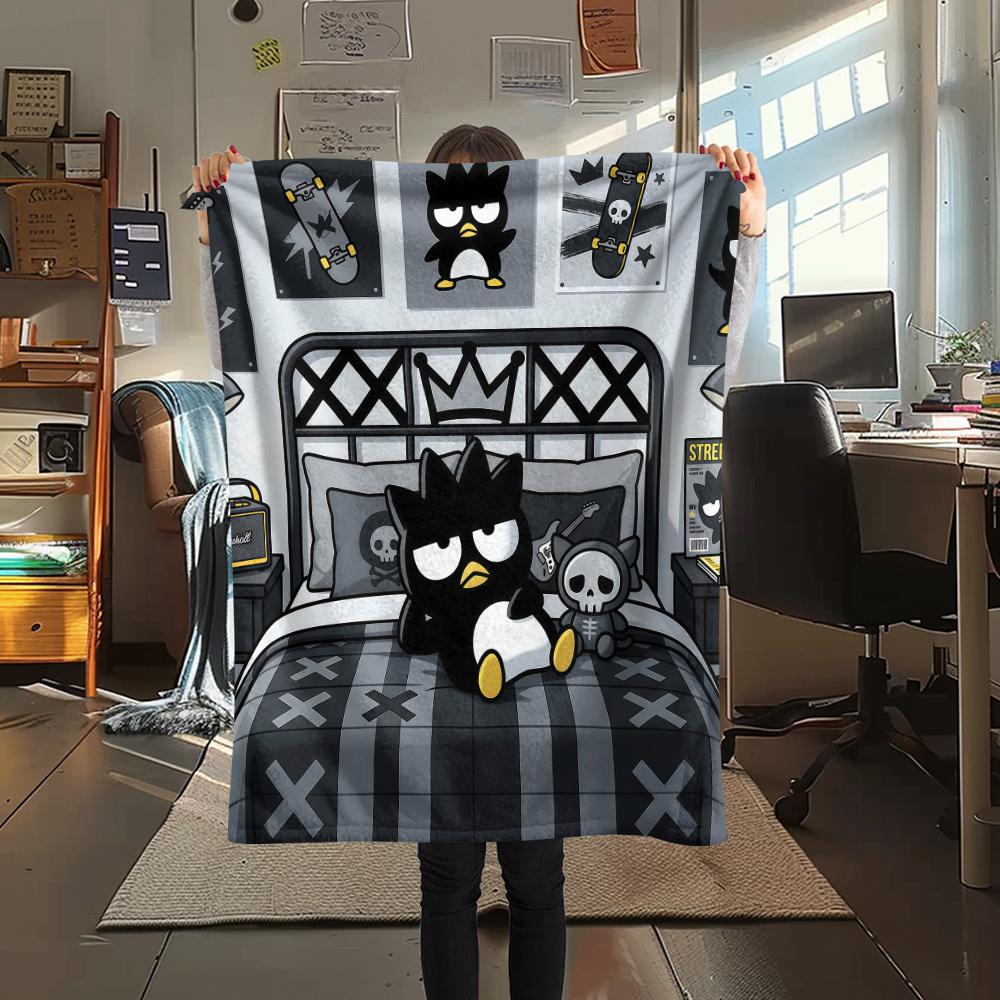 1PC Badtz-Maru Print Flannel Blanket, High Quality All Seasons, Home Decor, Warmth and Comfort, Perfect for Christmas Gifts