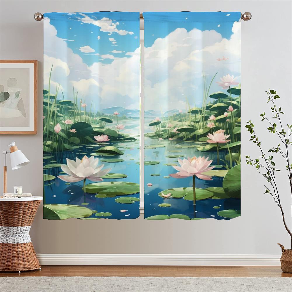 Summer Theme Lotus Pond Kitchen Curtains Livingroom Elegant Room Curtains for Bedroom Decoration Home and Decoration Blackout
