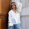 Ruffle Edge Chiffon Top Women's 1116 Autumn Fashion Court Style Loose White V-neck French Shirt Medium and Long