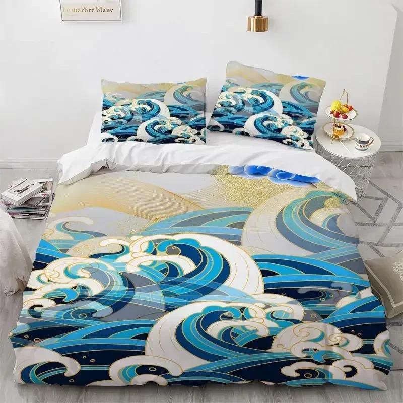 Wave Duvet Cover Set Hokusai Pattern Japanese Ukiyoe Quilt Cover Oriental Sketch Style Ocean Queen Twin Polyester Bedding Set