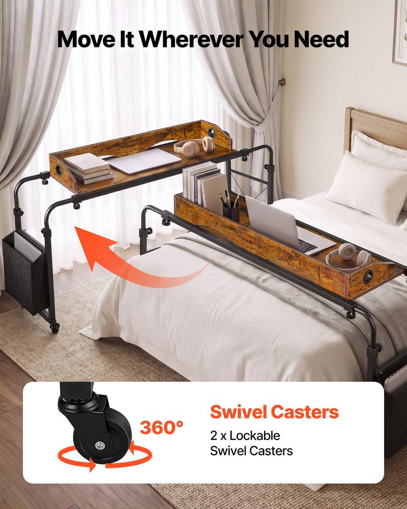 VEVOR Overbed Table 1060 x 360 mm Mobile Over Bed Desk with Swivel Wheels, for Bedroom Living Room Home Office, Adjustable Height & Length