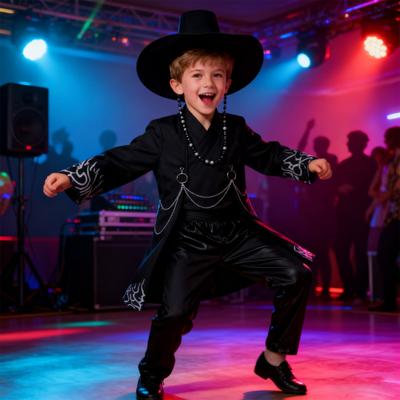 Black Cosplay Costume Coat Suit Outfits Shirt Pant Hat Belt Dance Troupe Inspired Design Flattering Fit Performance Dress