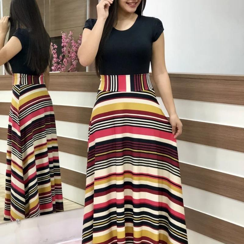 2024 European and American style flower print color matching short sleeved dress for women's large swing skirt