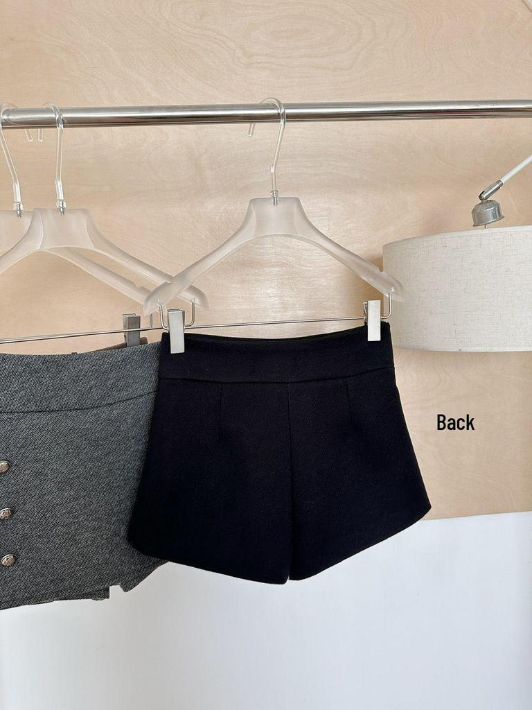 Petite High-Waisted Woolen A-Line Skort - Autumn & Winter Double-Breasted Style