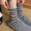 Grey Striped Socks Medium Tube Socks Cute Embroidered Puppy Cloth Label Curled Edge Socks Trend Socks