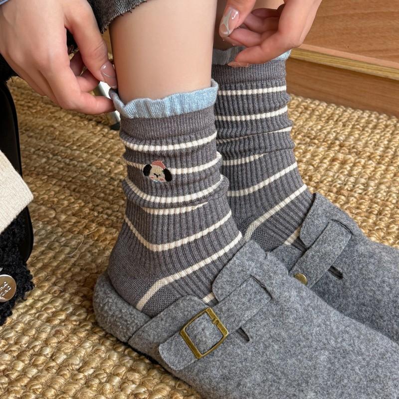 Grey Striped Socks Medium Tube Socks Cute Embroidered Puppy Cloth Label Curled Edge Socks Trend Socks