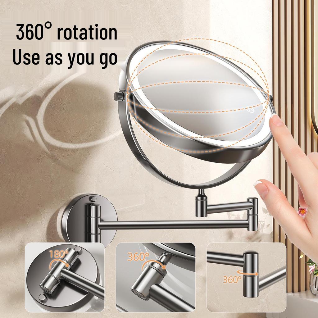 Wall-Mounted Foldable Vanity Mirror with Lights (Double-Sided, Punch-Free Installation) for Bathroom.
