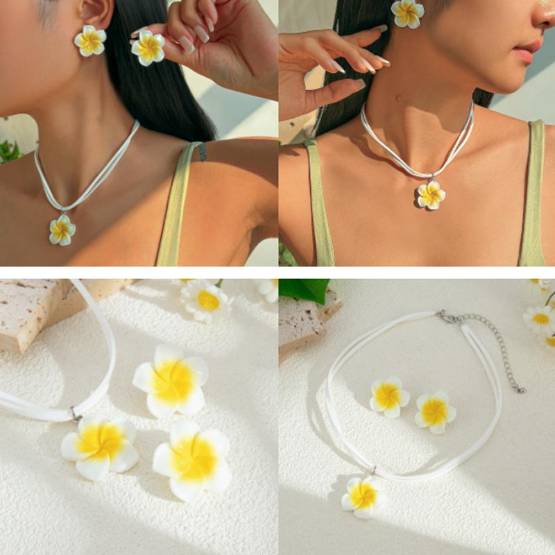 Romantisches Blumenanhänger-Halskettenset Harzschmuck Seilkette Choker Mit Ohrringen Elegant Frauen Süß Lieblich Sommer Strandmode Boho Schmuckset