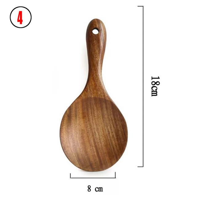 1-7pcs/set Teak Natural Wood Tableware Spoon Ladle Turner Rice Colander Soup Skimmer Cooking Spoon Scoop Kitchen Reusable Tool