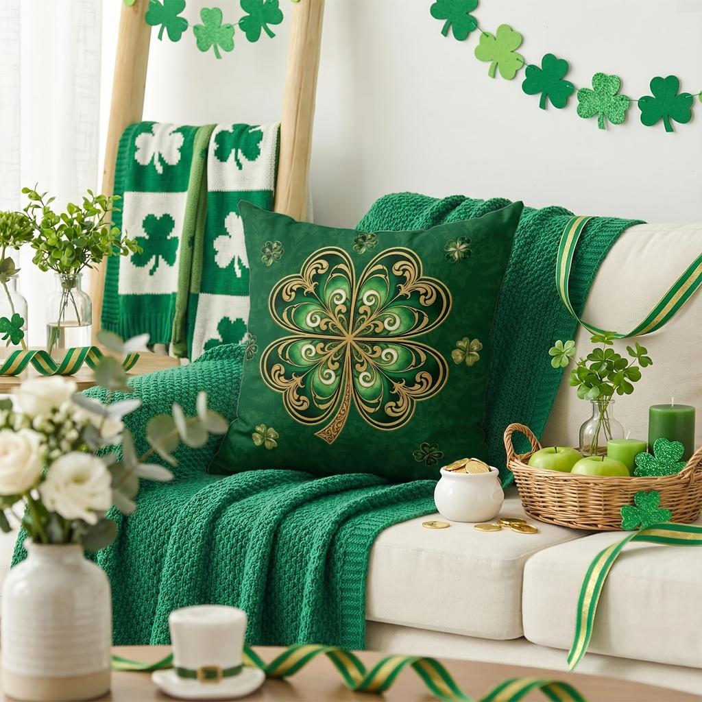 St. Patrick's Day Gold Decorative Clover Throw Pillowcase | Vintage style clover cushion cover