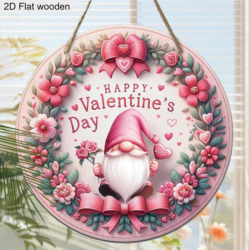 Valentine's Day Gnome Wooden Sign, Charming Round Sign for Front Door, Wall Hanging Decor - Ideal Romantic Gift for Couples