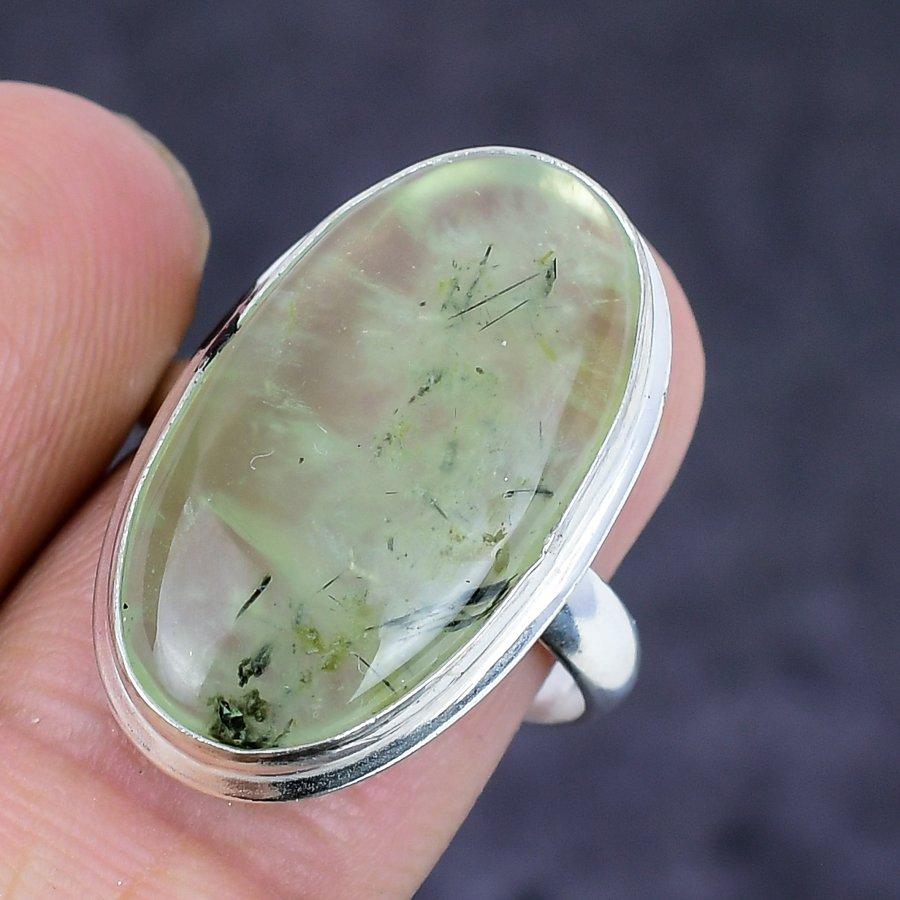 Prehnite Gemstone Handmade 925 Sterling Silver Jewelry Ring Size 8.5 l1G72