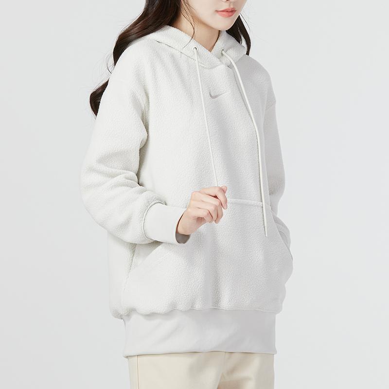 Nike Solid Color Sports Casual Hooded Sherpa Fleece Long Sleeve Sweatshirt Women Tops White DQ6841-072