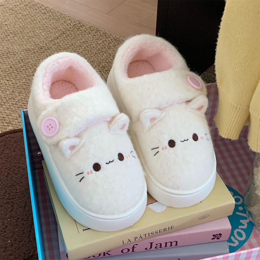 Kawaii Button Rilakkuma Lok Fu Bread Shoes Ladies Wear Non-Slip Thick-Soled Winter Hook and Loop Cotton Shoes