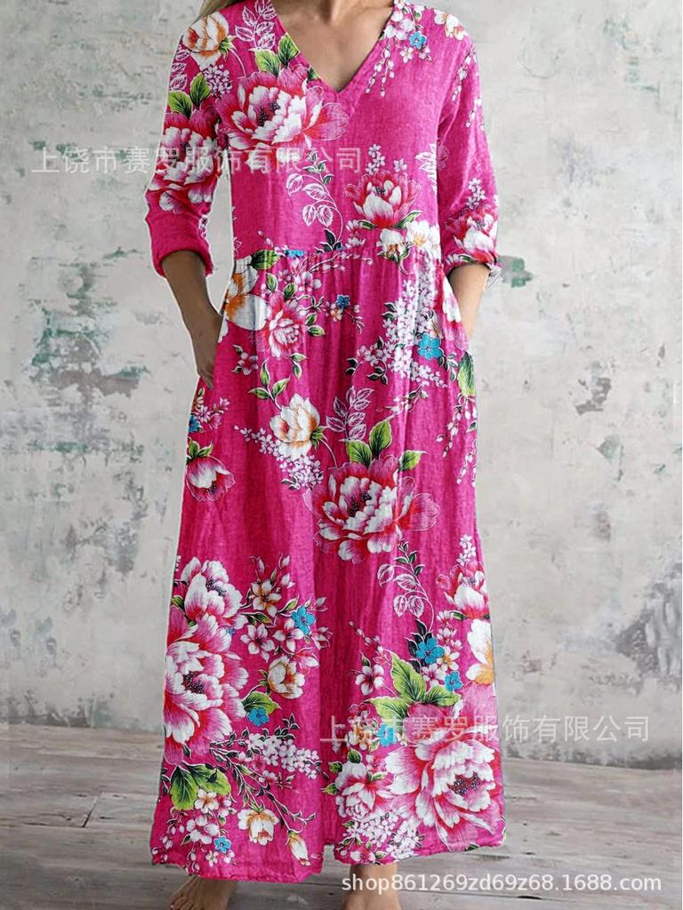 Damen Langarm V-Ausschnitt Maxi Kleid mit Streifenmuster, Knöchellanges Fließendes Kleid, Lässig Elegantes Kleid