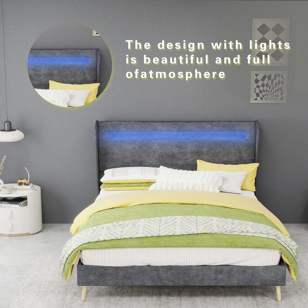 Minimalist Upholstered Bed with LED-Integrated Headboard, 140x200 cm, Grey, Low-Profile Non-Storage Base (Without Gas Lift), Mattress Not Included.