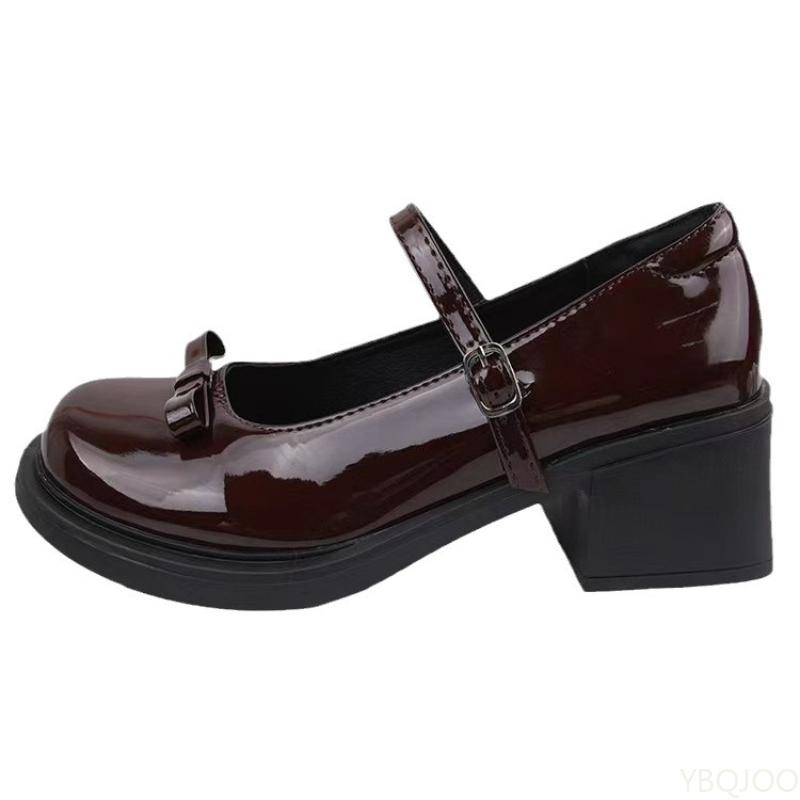 2025 French Mary Jane High Heels New Bow Leather Shoes Round Toe British Style Women's Shoes Comfortable Buckle Pumps