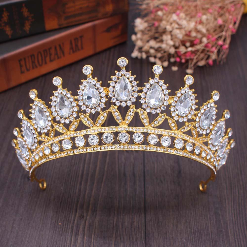 Baroque Vintage Rhinestone Crown Gold Color Champagne Crystal Bridal Tiaras Crown Wedding Hair Accessories Diadem Pageant Crowns