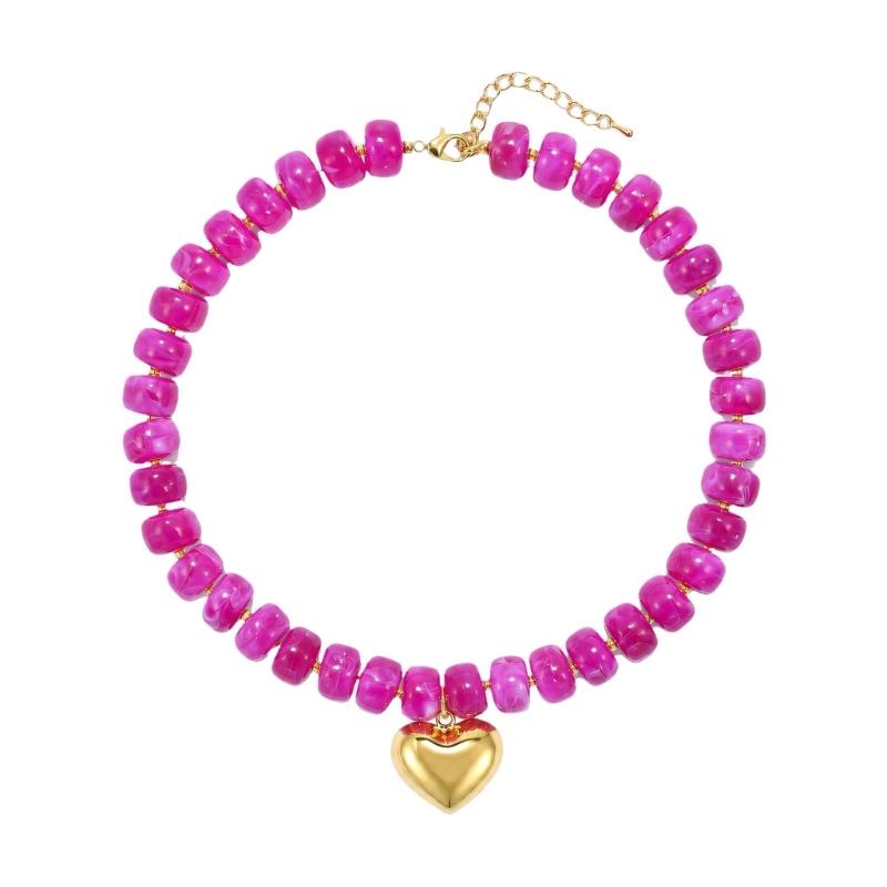 Adjustable Beaded Pendant Necklace with Rounded Resin Beads, Heart-Shaped Center Pendant, Extension Chain, and Lobster Clasp