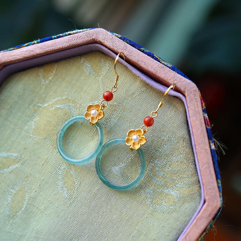 Retro Jade Hoop Earrings with Blue Water Tassels - 925 Sterling Silver Studs