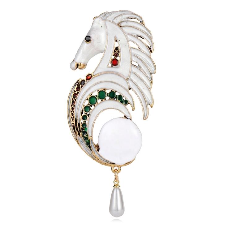 White Horse Crystals Brooch Shimmering Pearls Detail Sturdy Alloy Construction Elegant Jewelry Accessory 1