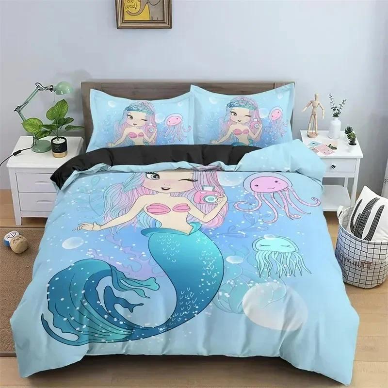 Modern Cartoon Mermaid Toddler Bedding Set Duvet Cover Sheet Printed Bed Set Pillowcase Full Queen King Size Comforter Bedroom