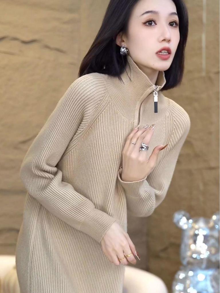 Women's Cozy High Neck Zipper Over-the-Knee Knitted Dress for Autumn & Winter