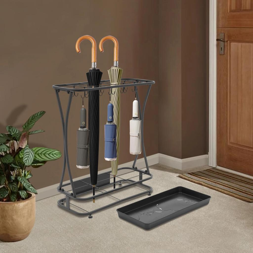 Black Umbrella Holder Stand with 18 Slots & 10 Hooks - Freestanding Umbrella Rack Organizer for Home & Office (55 Lbs Capacity)
