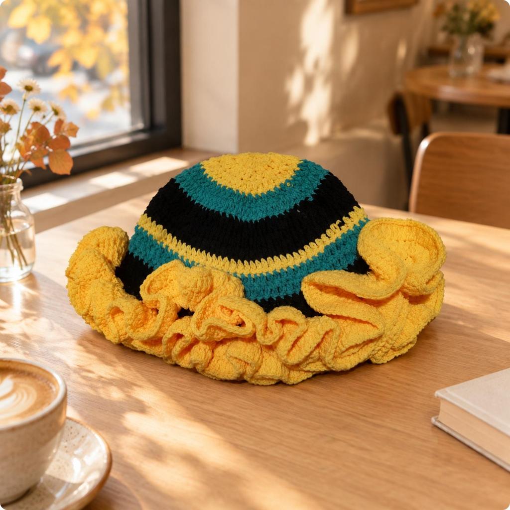 LoopKnit Hat with Ruffled Brim Universal Fit Knitted Yarn Warm for Autumn and Winter Outfits,