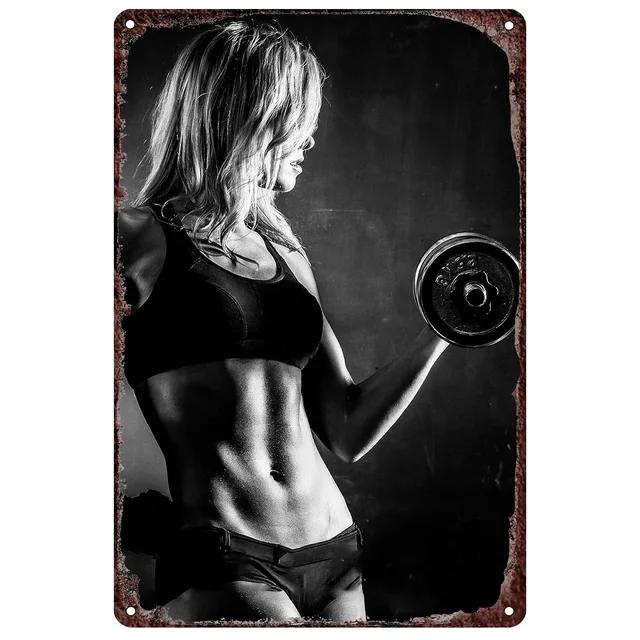 Vintage Fitness Metal Tin Signs  Workout Muscle Women Wall Posters Decoration for Garage Game Room Gym Cafe Living Room Club
