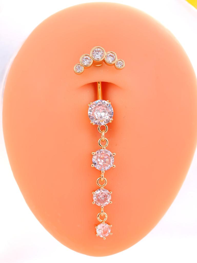 Gold Stainless Steel Long Dangle Flower CZ Belly Button Ring for Women