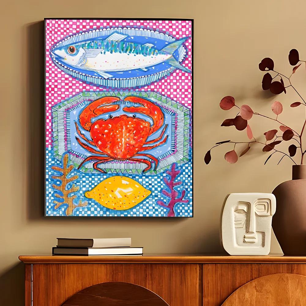 Kolorowe Sardynki Homary Zwierzęta Morskie Druki na Płótnie Retro Niebieska Ryba Plakaty Wall Art do Nowoczesnego Salonu Baru Dekoracja Domu
