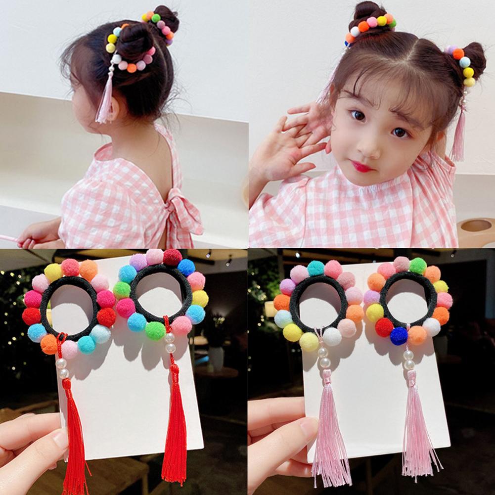 1 Pair of  Hair Band  Cloth  Tassel   Colorful Ball  Plush  Retro Style  Hair Band