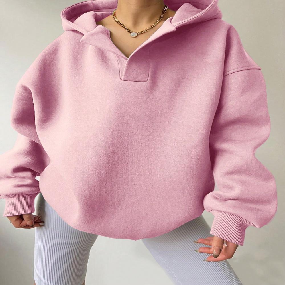 Auutmn Winter Women Solid Color Oversized V Neck Hoodie Long Sleeve Casual Pullover Sweatshirt Daily Street Outerwear Tops