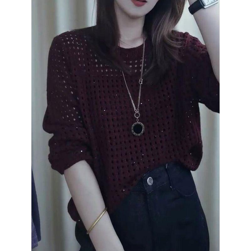Elegant and Stylish High-End Red Long-Sleeve Knit Sweater for Women, 2026 Autumn New Round-Neck Hollow-Out Plus-Size Top