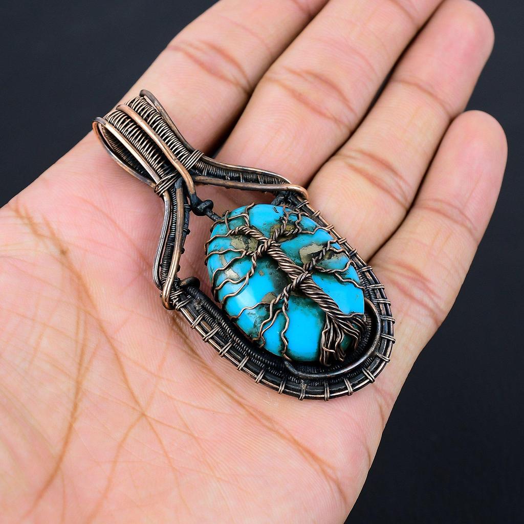 Baum des Lebens, türkiser Edelstein, reiner Kupferdraht, umwickelt, handgefertigter Anhänger-Schmuck