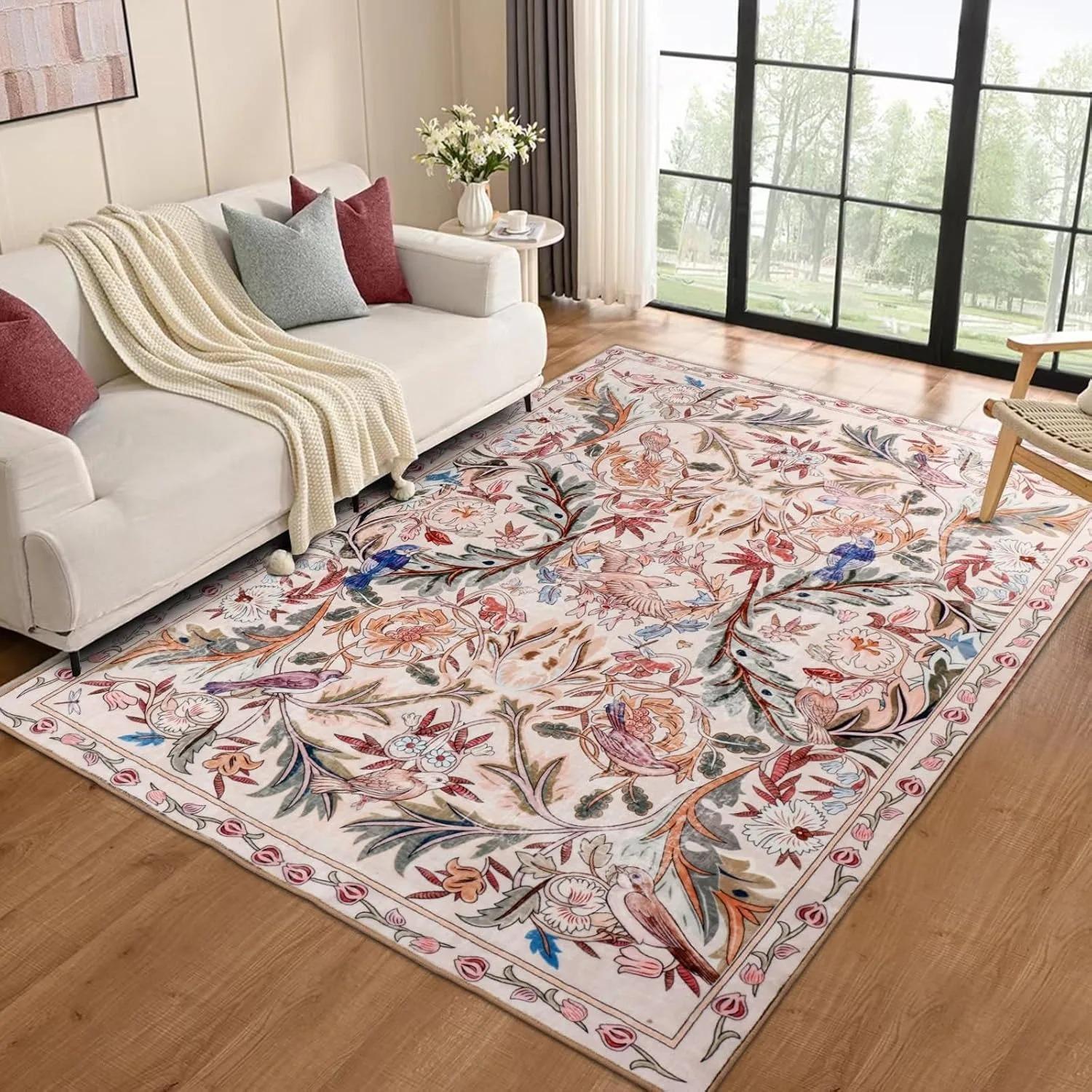 

Retro Living Room Carpet Floral Large Area Print Bedroom Bedside Plush Rug Machine Washable Non-slip Sofa Coffee Table 40x60cm