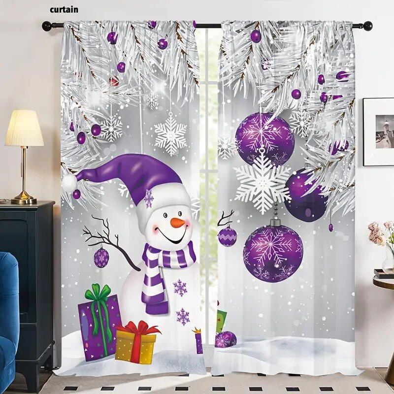 2 Pieces - Christmas Curtains: Christmas Snowman with Purple Decorative Printed Curtains, Home Decoration, Room Decoration