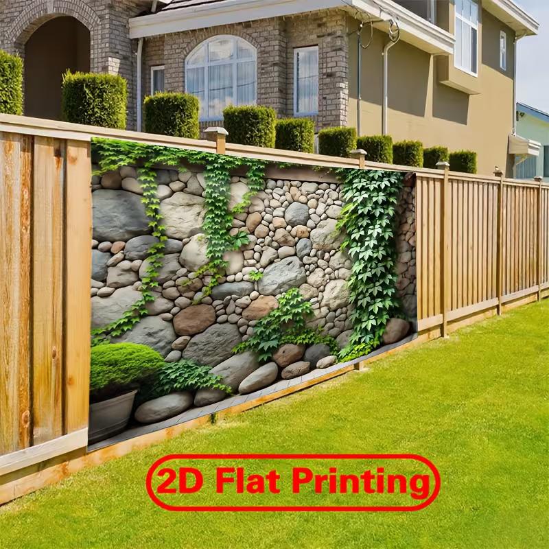 Rustic Cobblestone Wall Tapestry, Green Ivy Vines On Natural Rock Wall Hanging for Patio and Balcony