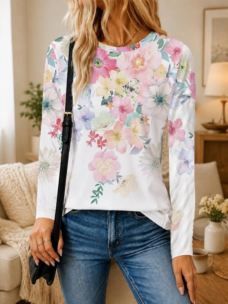 Women's T-Shirt Floral Graphic Plants Retro Long Sleeve O-Neck Pullover Regular Tops Daily 3D Print Autumn Tees Female Clothing