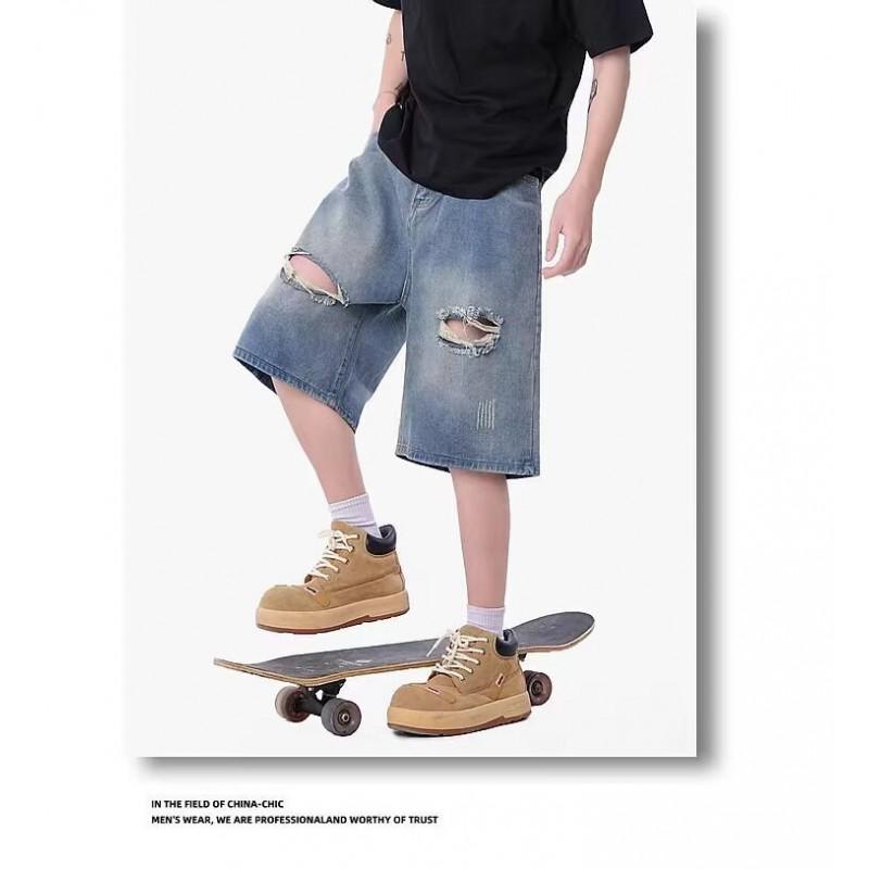 Vintage Distressed Denim Shorts Men Women Loose Straight Leg Streetwear Casual Pants