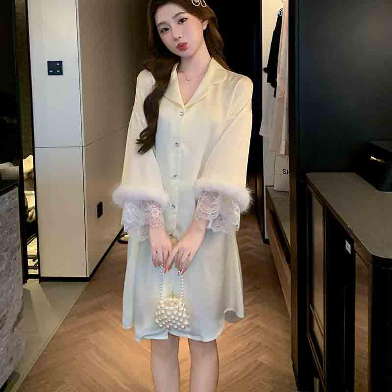 Women s Long Sleeve French Lace Silk Nightgown with Lapel One Size